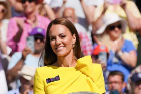 Smiling Kate Middleton glows in yellow dress as she presents Wimbledon Ladies Final winner Elena Rybakina with trophy