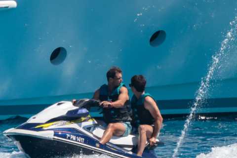 Rafael Nadal speeds through water on jet ski on holiday in Formentera after withdrawing from Wimbledon injured