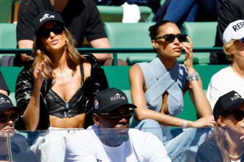 Usain Bolt surrounded by braless supermodels Izabel Goulart and Cindy Bruna at Monte-Carlo Masters