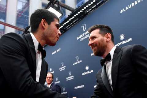 Watch as tennis world No2 Carlos Alcaraz is left completely starstruck at meeting Lionel Messi on red carpet in Paris
