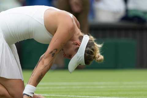 Unseeded Marketa Vondrousova collapses to knees as she wins Wimbledon women’s final with crushing defeat of Ons Jabeur