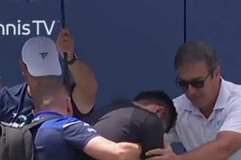 Tennis star Yibing Wu COLLAPSES in shocking scenes as he’s forced to retire just weeks after horror moment at Wimbledon